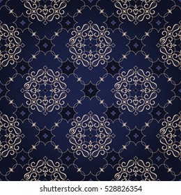 Vector seamless texture for design template. Element for design. Ornamental backdrop. Pattern fill. Ornate floral decor for wallpaper. Traditional golden decor.