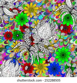 Vector seamless texture with doodles. Endless background. Ethnic seamless pattern. Vector backdrop. Bright pattern. Summer template. Use for wallpaper,pattern fills, web page background
