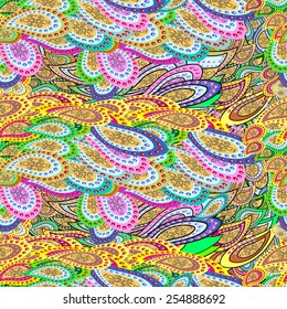 Vector seamless texture with doodles. Endless background. Ethnic seamless pattern. Vector backdrop. Bright pattern. Summer template. Use for wallpaper,pattern fills, web page background. 