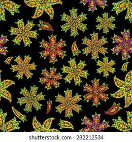 Vector seamless texture with doodles. Endless background. Ethnic seamless pattern. Vector backdrop. Bright pattern. Summer template. Use for wallpaper, pattern fills, web page background.