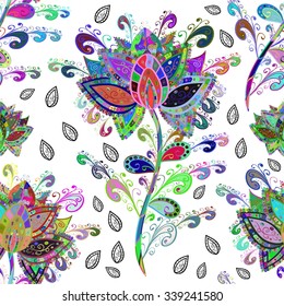 Vector seamless texture with doodles. Endless background. Ethnic seamless pattern. Vector backdrop. Bright pattern. Summer template. Use for wallpaper,pattern fills, web page background