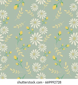 Vector seamless texture. Embroidery floral design with camomiles. Decorative pastel flowers pattern. Botanical ornate background. 
