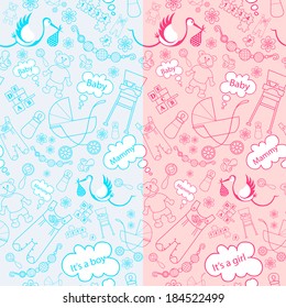 Vector seamless texture. Endless background on birthday boy in blue, on the birth of a girl in pink. Vector background for use in design. Use for wallpaper, fabrics, packaging
