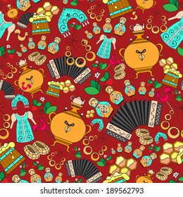 Vector seamless texture. Endless background with symbols of Russia for use in design, wallpaper, fabrics, packaging, textile, web page