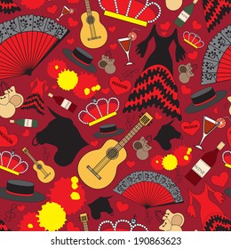 Vector seamless texture. Endless background with symbols of Spain for use in design, wallpaper, fabrics, packaging, textile, web page
