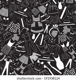 Vector seamless texture. Endless background with ladies wear in black-and-white palette. Pattern for use in design, wallpaper, fabrics, packaging, textile, web page