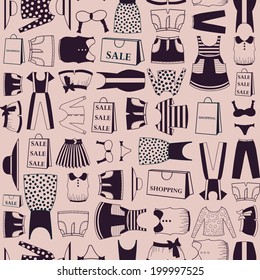 Vector seamless texture. Endless background with ladies wear and packages for use in design, wallpaper, fabrics, packaging, textile, web page