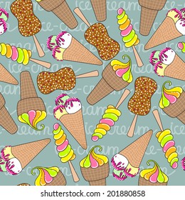 Vector seamless texture. Endless background with ice cream for use in design, wallpaper, fabrics, packaging, textile, web page