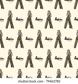 Vector seamless texture with fashion girls in sketch-style.