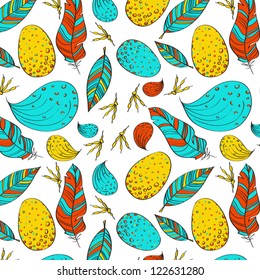 Vector seamless texture with feathers and eggs