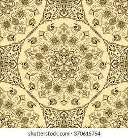 Vector seamless texture with floral mandala in indian style. Mehndi ornamental pattern. Hand drawn ethnic floral ornaments for henna design