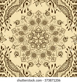 Vector seamless texture with floral mandala in Indian style.  Mehndi ornamental background. Hand drawn ethnic pattern. Henna tattoo theme