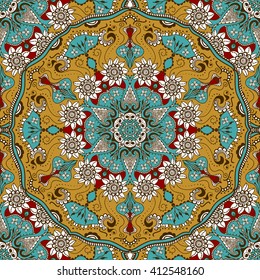 Vector seamless texture with floral mandala in indian style. Mehndi ornamental background. Hand drawn ethnic pattern