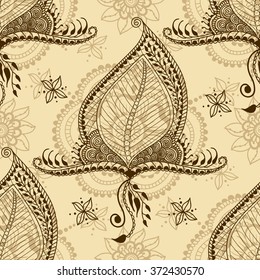 Vector seamless texture with floral ornament in indian style.  Mehndi ornamental pattern. Hand drawn ethnic design. Henna tattoo theme