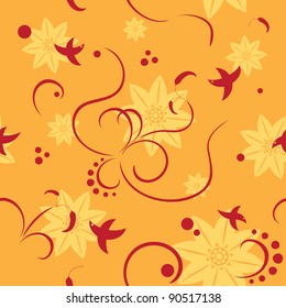 Vector seamless texture with floral ornament and birds
