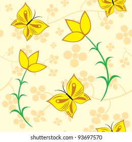 Vector seamless texture with floral ornamental pattern and butterflies