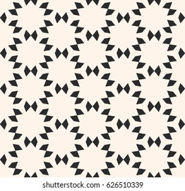 Vector seamless texture, floral tile pattern. Abstract monochrome geometric background with simple geometrical shapes, flowers, stars. Oriental design element for decor, prints, furniture, fabric, web