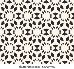 Vector seamless texture, floral tile pattern. Abstract monochrome geometric background with simple geometrical shapes, flowers, stars. Oriental design element for decor, textile, furniture, clothes