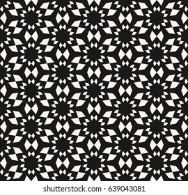 Vector seamless texture, floral tile pattern. Abstract dark monochrome geometric background with simple geometrical shapes, flowers, stars. Oriental design element for decor, textile, furniture, cloth