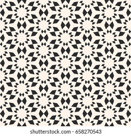 Vector seamless texture, floral tile pattern. Abstract monochrome geometric background with simple geometrical shapes, flowers, stars. Oriental design element for decor, textile, fabric, furniture