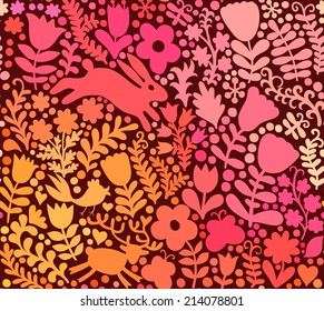 vector seamless texture with flowers, birds and butterflies. Autumn seamless floral background, forest illustration, backdrop