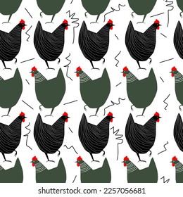 vector seamless texture with funny cute stylized hens walking in different directions on a single color isolated background