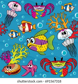 Vector seamless texture with funny sea animals in a cartoon style