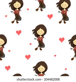 vector seamless texture with girls, hearts and a cup of coffee
