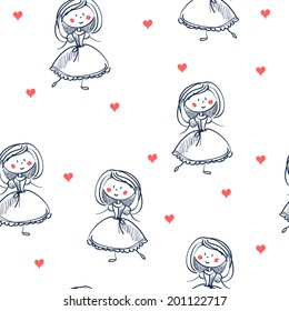 vector seamless texture with girls and pink hearts