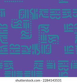 Vector seamless texture with glyph-inspired abstract symbols and shapes. Negative spaces make a pattern of their own. Cyan on a purple background, nice for home decor, fabric, paper, packaging.