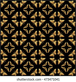 vector seamless texture of the gold butterfly on the black background, Vector illustration. Gold silhouette. Can be used for wallpaper, pattern fills, web page,, invitation card.