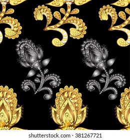 Vector seamless texture. Golden branches on black background. Vintage style.
