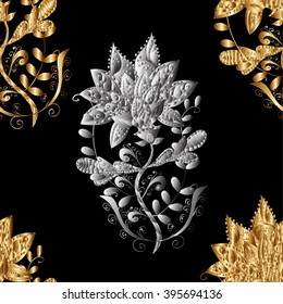 Vector seamless texture. Golden branches on black background. Vintage style.