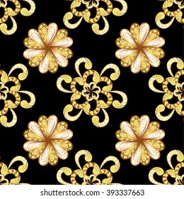 vector seamless texture with golden flowers on black background