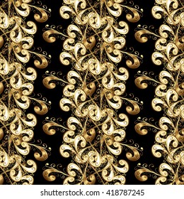 Vector seamless texture. Golden vintage illustration on black background.