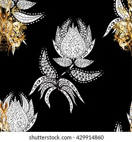 Vector seamless texture. Golden vintage illustration on black background.