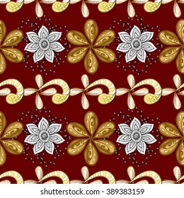 vector seamless texture with golden and white flowers and vintage elements on red background