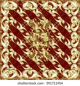 vector seamless texture with golden and white flowers and vintage elements on red background