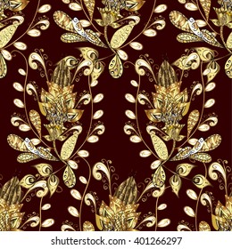 vector seamless texture with golden and white flowers and vintage elements on red background
