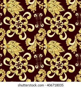vector seamless texture with golden and white flowers and vintage elements on red background