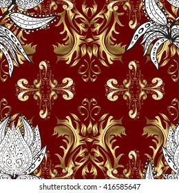Vector seamless texture with golden and white flowers and vintage elements on dark red background