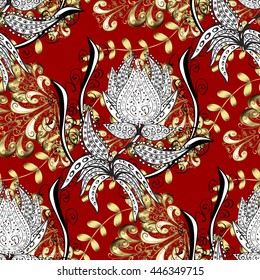 vector seamless texture with golden and white flowers and vintage elements on red background