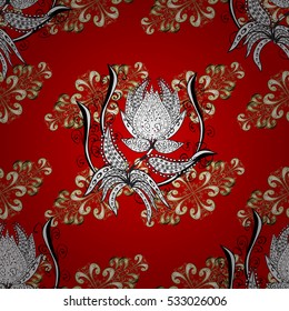 vector seamless texture with golden and white flowers and vintage elements on red background