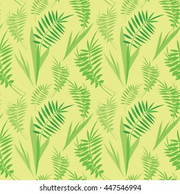 Vector seamless texture with green fern leaves and branches on sand background 