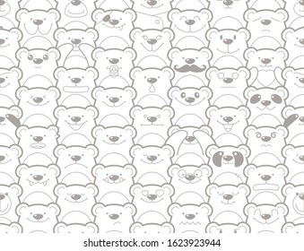 Vector seamless texture grey line funny teddy bear. White background