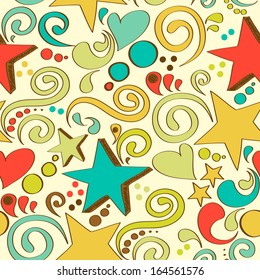 vector seamless texture with hand drawn stars, hearts and swirls
