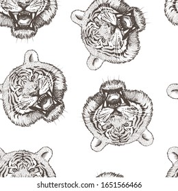 
Vector seamless texture with hand-drawn black and white tiger faces.