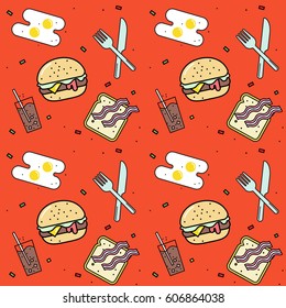Vector seamless texture with icons of fast food, burgers, eggs, french fries, knife, fork, bacon, soda on red background for banners, wallpaper, posters, menu design and template. 
