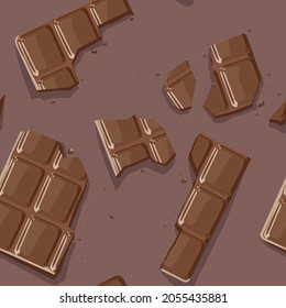 Vector, seamless texture with the image of a chocolate bar broken into pieces and crumbs, high detail drawing.