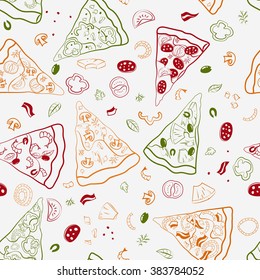 Vector seamless texture of image slices of pizza and other ingredients.